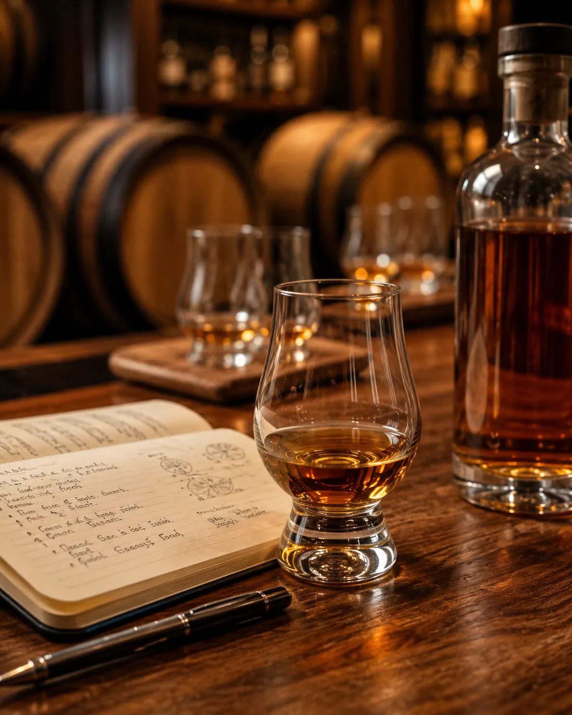 Scotch in a glass on a warm wooden table along with a book
