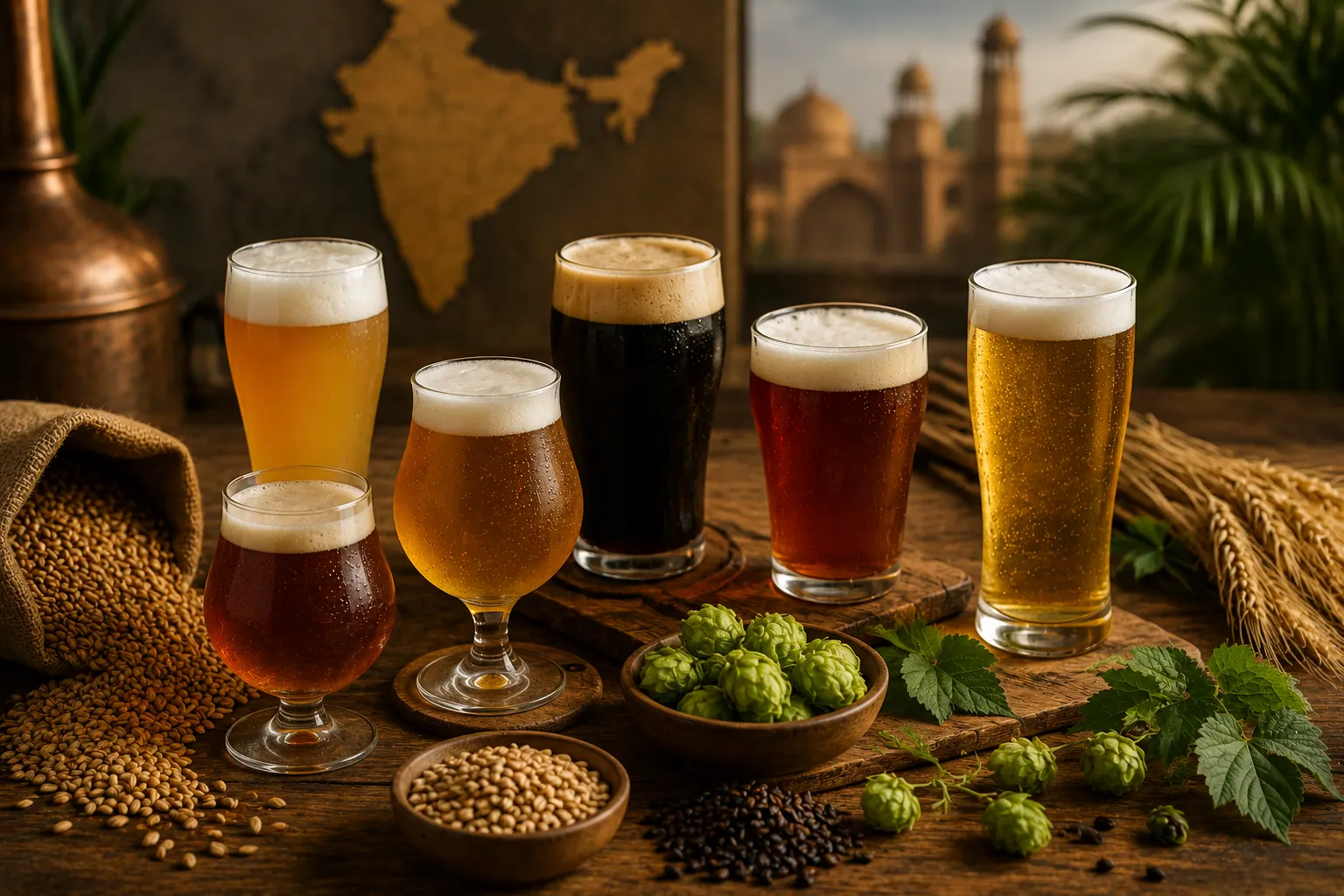 Different beer styles arranged with malt, hops, wheat, and an India-inspired background.