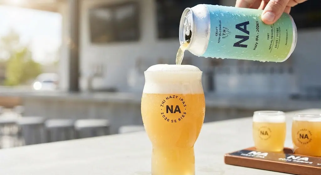 A chilled glass being filled with a modern, hazy non-alcoholic IPA craft beer on a sunny patio, representing the quality of NA drinks in 2026.