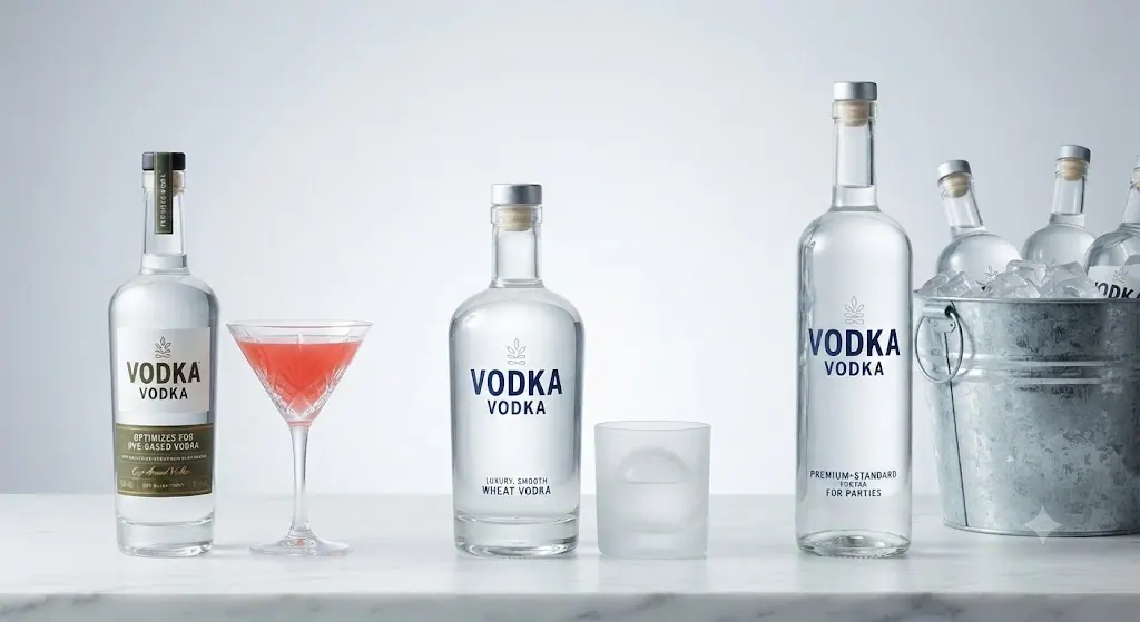 A comparison of three premium vodka bottles on a marble counter, showing options for cocktails (with a Cosmopolitan), neat sipping (on ice), and large party volumes.
