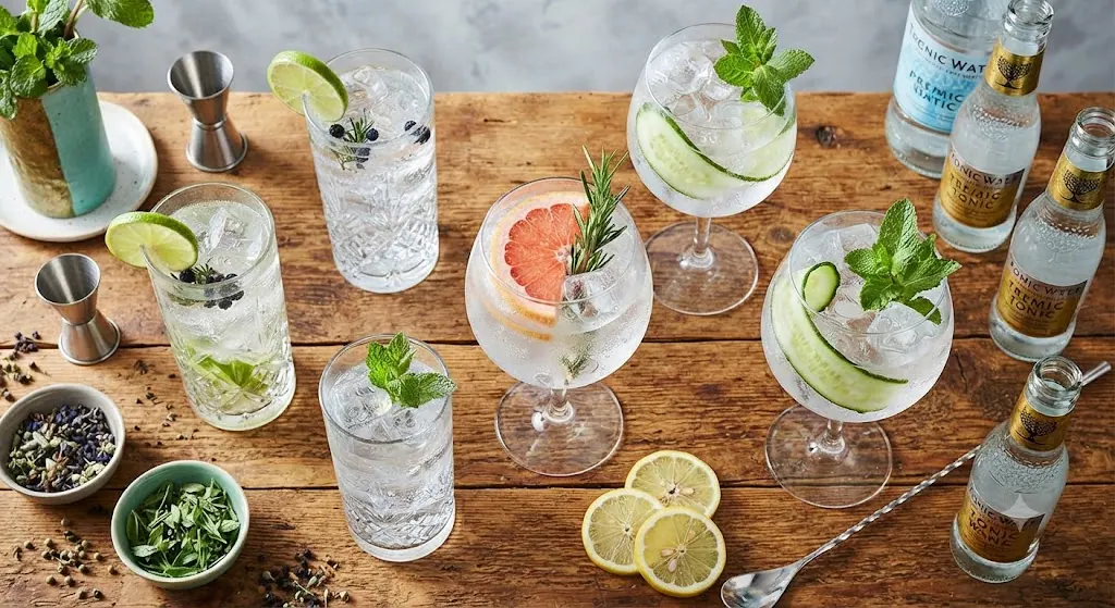 An overhead flat-lay view of a colorful array of gin cocktail ingredients on a wooden table, featuring three distinct garnished G&Ts, mixers, and botanicals for house parties.