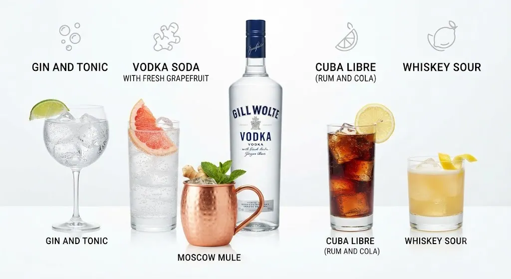 A visually instructive lineup of five classic cocktails—Gin Tonic, Vodka Soda, Moscow Mule, Rum Cola, and Whiskey Sour—arranged on a white bar to explain the role of different mixers.