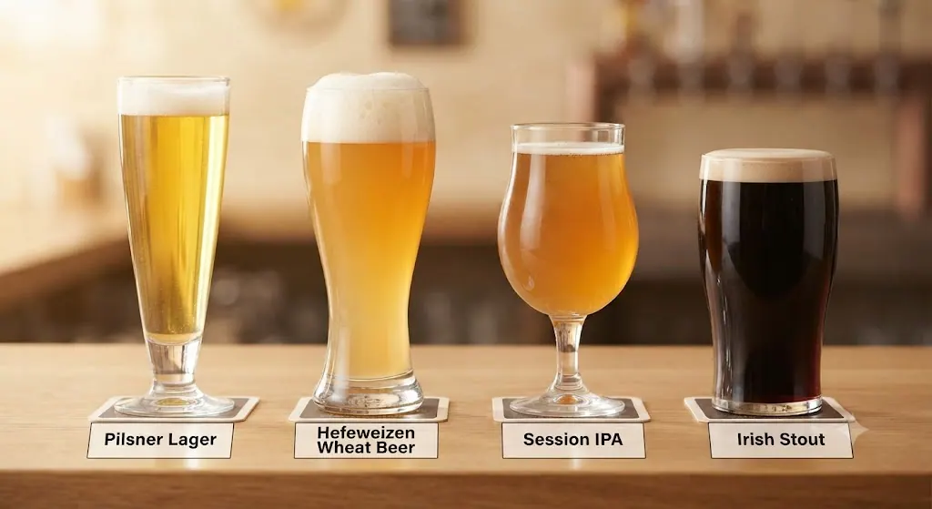 A welcoming lineup of four distinct beer styles—bright Lager, cloudy Wheat Beer, amber Session IPA, and dark Stout—in their proper glassware on a wooden bar, explaining the options for beginners.