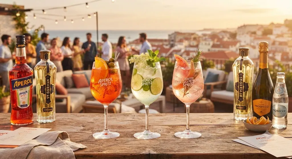 A close-up view of three distinct, colorful Spritz cocktails—Aperol, Hugo, and Pink Grapefruit—garnished with fresh fruit and herbs on a rustic wooden bar, set against a blurred European rooftop at sunset.