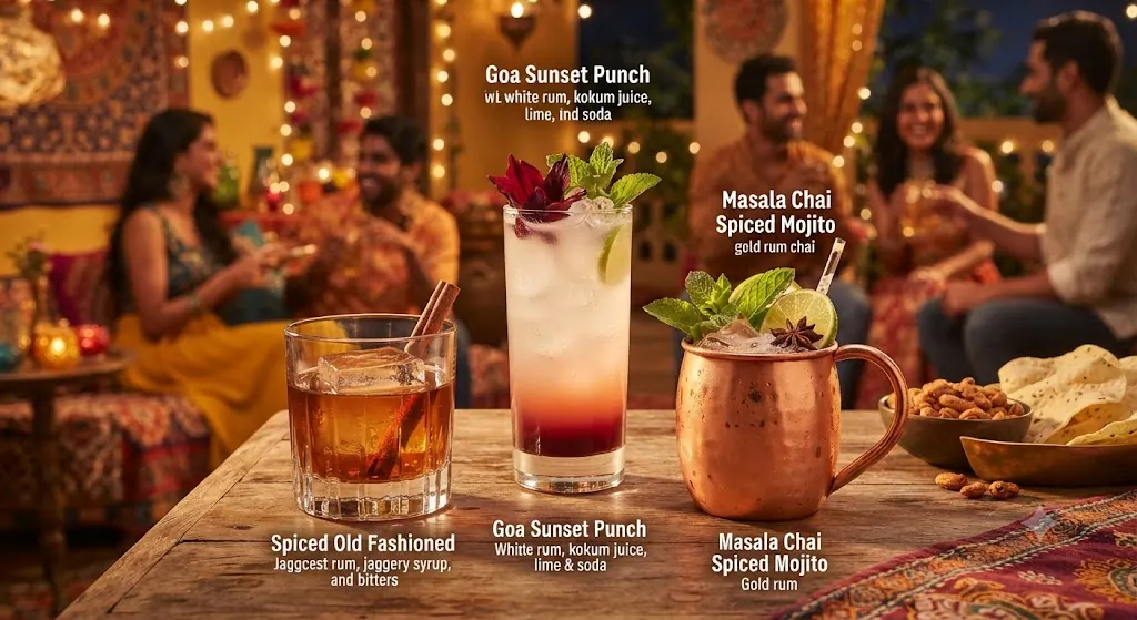 A festive scene on an Indian patio at night, featuring three colorful rum cocktails—a Spiced Old Fashioned, a Kokum Punch, and a Masala Mojito—garnished with local spices and herbs, with blurred party lights and guests in the background.