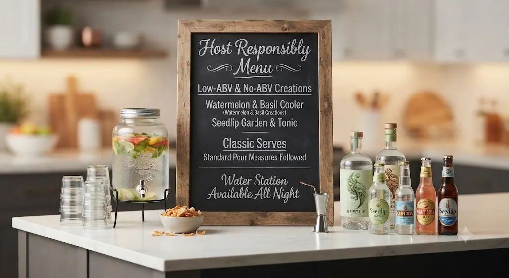 A brightly lit, organized home bar setup on a kitchen island, featuring a chalkboard menu for a house party that balances alcoholic drinks with prominent non-alcoholic "Zero Proof" options, a large water dispenser, and visible snacks, promoting responsible hosting.