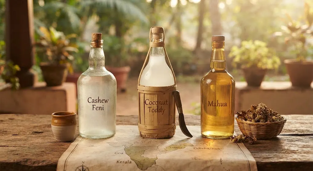 A rustic collection of three traditional Indian regional spirits—Cashew Feni, Coconut Toddy, and Mahua—displayed in handcrafted bottles on a wooden table on a Goan verandah, representing India's diverse drink culture.