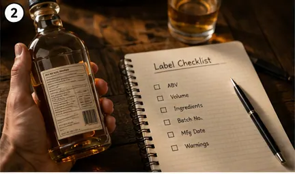Unbranded alcohol bottles with label details, notebook, and magnifying glass on a warm bar table.