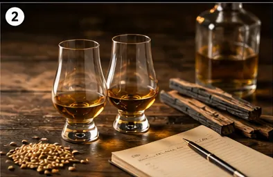 Whisky glass with oak casks and barley grains in a warm premium tasting setting.