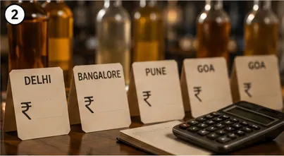 Unbranded bottles with city pins and price tags on an India map-inspired background.