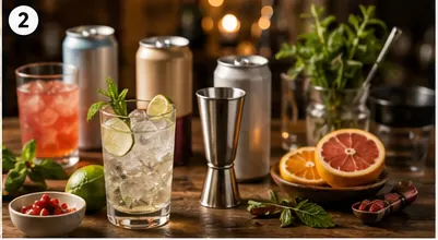 Unbranded ready-to-drink cocktail cans in an ice bucket with citrus, mint, and glasses.