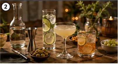 Low-ABV house party drinks with water, snacks, citrus, and light cocktails on a table.