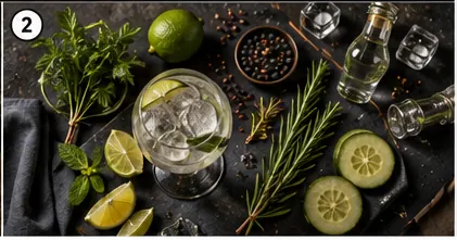 Unbranded gin bottle with tonic glass, citrus, herbs, spices, and botanicals.