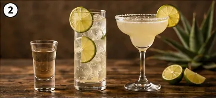 Agave-inspired cocktail setup with clear spirit bottle, lime, salt rim, ice, and margarita-style glass.